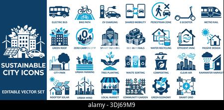 Vektorsymbole, die nachhaltige Stadtkonzepte wie Elektrobusse, begrünte Dächer und intelligente Gebäude veranschaulichen. Ideal für Umwelt- und Stadtentwicklungen Stock Vektor
