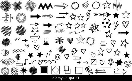 Große Sammlung von handgezeichneten Vektor-Doodle-Elementen, skizzenhaften schwarzen Pfeilen, Sternen, Herzen und Scribbles, isoliert auf weißem Hintergrund für kreative Gra Stock Vektor