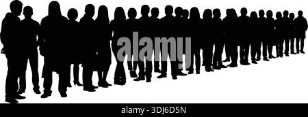 Große Gruppe von Menschen in langer Linie Silhouette, Menge wartet in der Warteschlange, verschiedene Männer und Frauen Figuren, perspektivische Ansicht Vektor Illustration auf Stock Vektor
