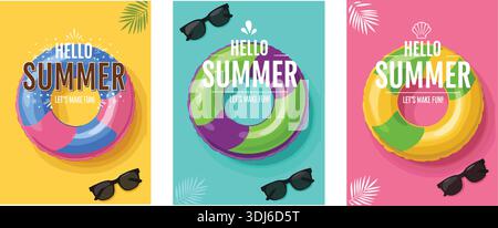 Buntes Hallo Sommer Grußkarten Set, aufblasbarer Schwimmring mit Sonnenbrille und Palmblättern, Vektor Feiertagshintergrund Illustration Sammlung Stock Vektor