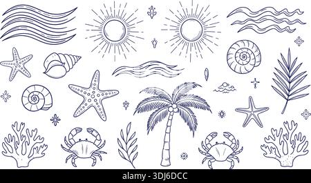 Set von Sommer Strand Doodle Elemente, Sonne, Wellen, Palme, Krabbe, Seesterne und Muscheln, handgezeichnete Vektor-Illustration Sammlung für Urlaub Desi Stock Vektor