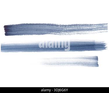 Ein Satz von drei Aquarellstreifen unterschiedlicher Länge auf einem isolierten Hintergrund. Aquarellabbildung grau-blauer dunkler Farbstriche. Ein Clipart Stockfoto