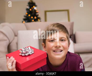 Der Schuljunge trägt einen kastanienbraunen Pullover, lächelt und hält zu Hause eine rote Geschenkbox in der Nähe des beleuchteten Weihnachtsbaums. Präsent, festlich, gemütlich, warm, innen, Bokeh, Freude Stockfoto