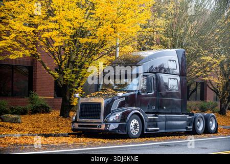 Schwarzer Sattelzugmaschine mit großem Auflieger in Industriequalität mit verlängerter Kabine für den LKW-Fahrer, der ohne Auflieger auf der städtischen Straße steht Stockfoto