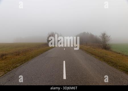Eine Asphaltstraße für Autos bei bewölktem Wetter, die Straße und Nebel in der Ferne, die die Sicht verdeckt, gelbe Gras und Sträucher ohne Laub wachsen al Stockfoto