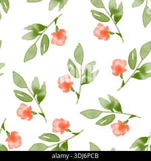 Handgezeichnete Aquarellillustration eines nahtlosen Musters mit zarten kleinen roten Blumen und grünen Blättern, die auf weißem Hintergrund wiederholt werden. Blumenmuster Stockfoto