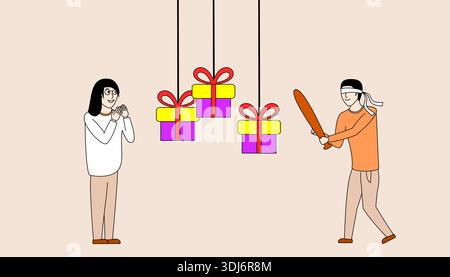 Der Mann schwingt eine Fledermaus auf drei Kisten, die von der Decke hängen. Die Kartons sind mit roten und gelben Bändern umwickelt Stock Vektor