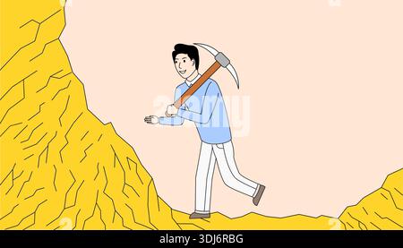 Der Mann gräbt ein Loch in den Sand mit einer Spitzhacke. Der Mann trägt ein blaues Hemd und eine weiße Hose Stock Vektor