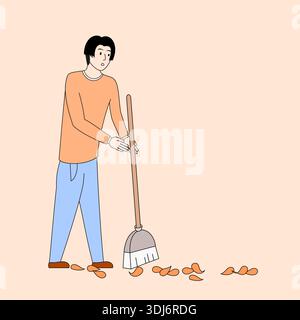 Der Mann fegt Blätter mit einem Besen. Die Szene wird auf einem weißen Hintergrund dargestellt. Der Mann trägt ein orangefarbenes Hemd und blaue Jeans Stock Vektor