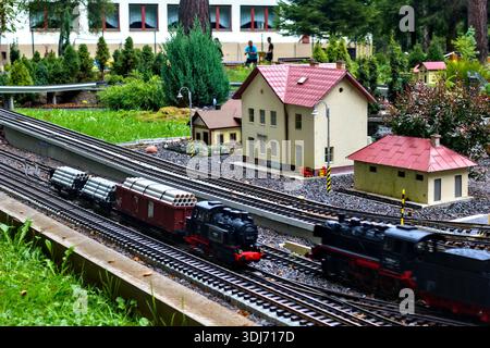 Eine schwarze Dampflokomotive, die Industrierohre zieht, passiert ein detailliertes Miniaturhaus und Bahnsteig auf einem professionellen Gartenbahnplan. Stockfoto