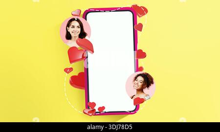 Collage mit Smartphone umgeben von Herzformen mit verschiedenen Menschen, die online interagieren Stockfoto