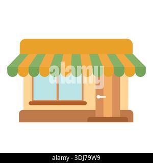 Kleine lokale Ladenfront mit gestreiftem grünen und gelben Markise, Fenster und Tür in flachem Illustrationsstil isoliert auf hellem Hintergrund. 50 Schlüsselwort Stock Vektor