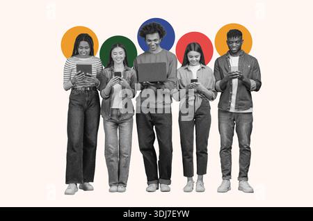 Gruppe junger Menschen, die Geräte in einer Collage in einem modernen Ambiente verwenden Stockfoto