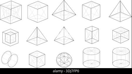 3D Geometric Shapes Drahtmodellset, Isometrische Mathematik perspektivische Vektorillustration Stock Vektor