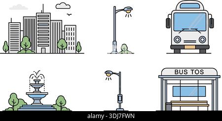 Smart City Infrastruktur und Architekturplanung Symbolsatz, Illustration des flachen Vektors Stock Vektor