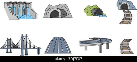 Bauingenieurinfrastruktur Icons Set, Brückenstraße und Tunnel Flat Vector Illustration Stock Vektor