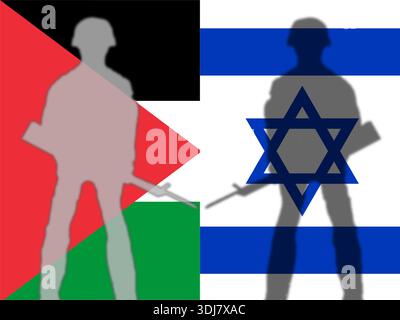 Die israelische und die palästinensische Flagge sind beide aus Knistern gefertigt. Konzeptbild des Konflikts zwischen Palästina und Israel. Hologramm mit doppelter Belichtung Stockfoto