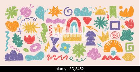 Verspielte handgezeichnete abstrakte Formen und Kritzeleien mit Buntstift-Textur. Niedliche naive Symbole, Schnörkel und bunte geometrische Kinderelemente, zeitgenössische Figuren Kunst. Vektorsatz von Kindern Design-Aufklebern Stock Vektor