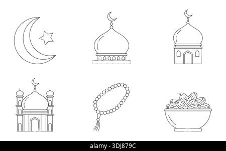 Islamische Ramadan Line Art Icons mit Moschees Mondgebetskerlen und Datteln Stock Vektor