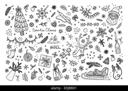 Weihnachtskritzeleien. Weihnachtsmann Sketch, handgezeichnete Winterelemente für das Silvester-T-Shirt mit Schneemann, Baum und Ästen. Vektor isolierte Ikonen, Geschenke und dekorative Kollektion Stock Vektor