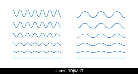 Wellige, kurvige Linien. Wellige einfache blaue Ränder, horizontale Querlinien. Sinus, Flüssigkeit, Luft, Windzeichen. Wasser, Fluss, See, Meer, Ozean Symbol Stock Vektor