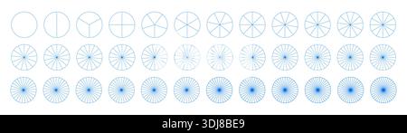 Set mit segmentierten Infografikdiagrammen. Element für Präsentationsvorlage von 1 bis 36 Segmenten. Viele Sektoren teilen den blauen Kreis auf gleiche Teile Stock Vektor