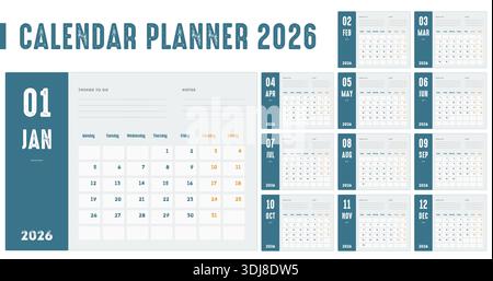 Ein Kalenderplaner für das Jahr 2026 mit monatlichen Spreads Stock Vektor