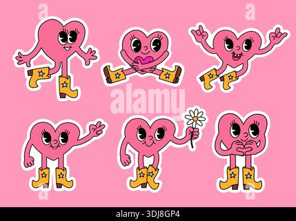 Verspieltes, grooviges Herz-Sticker-Set mit ausdrucksstarken rosa Charakteren, perfekt für Liebesmotive, Valentinstag-Designs, Social-Media-Aufkleber und lustige Pop-Art Stock Vektor
