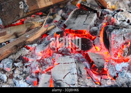 Glühende glühende Glut und brennende Holzscheite in einem aktiven Feuer. Flammen wirbeln um die Holzstücke und erzeugen eine kontrastreiche Szene. Stockfoto