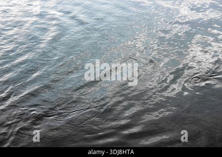 Dunkles, ruhiges Wasser mit sanften Wellen, die natürliches Licht reflektieren. Die Textur zeigt zahlreiche kleine, weiche Wellen, die über die Oberfläche Rollen. Stockfoto