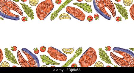Meeresfrüchte-Border Illustration mit Lachsfilet, Spargel, Zitrone und Kräutern in flachem Stil. Sauberer Lebensmittelhintergrund auf weiß, ideal für Menü und Rezept Stock Vektor