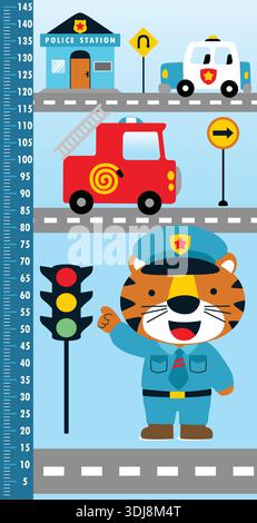 Kinder-Höhendiagramm mit Tigerpolizei- und Rettungsfahrzeug-Thema. Stock Vektor