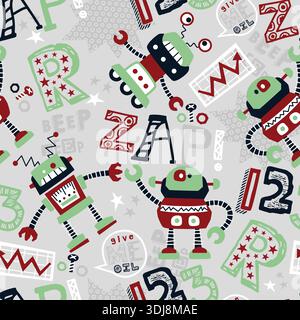Lustige Roboter und nahtlose Buchstaben für die Einrichtung im Kinderzimmer für Jungen. Stock Vektor
