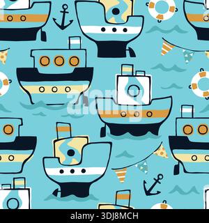 Niedliches nautisches nahtloses Muster mit Cartoon-Schiffen und Rettungsschirmen auf blauem Hintergrund. Stock Vektor