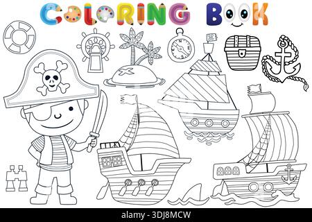 Piratenjungen und nautische Elemente mit Schiffen und Schätzen Malbuch Seite. Stock Vektor