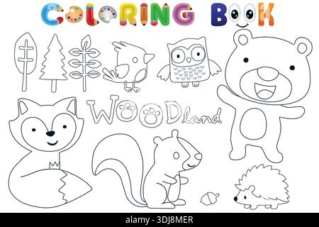 Niedliche Waldtiere und Bäume Sammlung Malbuch Seite für Kinder. Stock Vektor