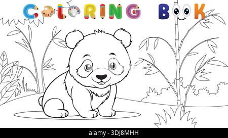 Niedliches Baby-Panda-Junges, das in einer Bambuswaldlandschaft sitzt, Malbuch-Seite für Kinder Stock Vektor