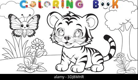 Entzückendes Tigerbaby, das auf einem Feld sitzt, mit einem Schmetterling und Blumen Malbuch Seite Stock Vektor