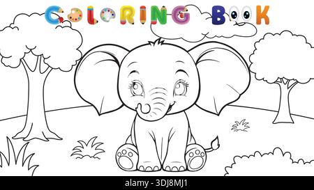 ute Elefantenbaby sitzt im Wald Malbuch Seite für Kinder. Stock Vektor