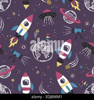 Handgezeichnetes Doodle Space Elements nahtloses Muster mit Raketen und Planeten auf violettem Hintergrund. Stock Vektor