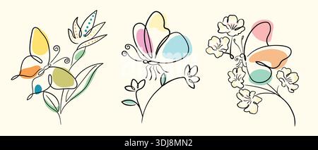 Minimalistische, durchgehende Strichkunst-Illustrationen von Schmetterlingen auf Blumen in sanften abstrakten Farben. Stock Vektor