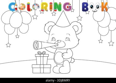 Niedliche Teddybärenfeier mit Malbuchseite mit Ballons und Geschenken. Stock Vektor