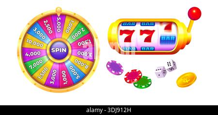 Spielautomat mit Lucky Sevens. Casino Gaming Wheel of Fortune mit Poker Chips und Goldmünzen Stock Vektor