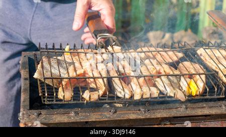 Frischer Fisch und Gemüse werden auf einem Grill gegrillt, wobei Rauch steigt und helle Farben eine einladende Outdoor-Küche schaffen Stockfoto