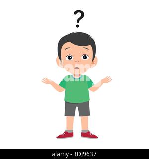 Verwirrte Kid Cartoon Vektor-Illustration mit Fragezeichen, die Unsicherheit, Zweifel, Denken und Problemlösungskonzept für Kinder zeigt Stock Vektor