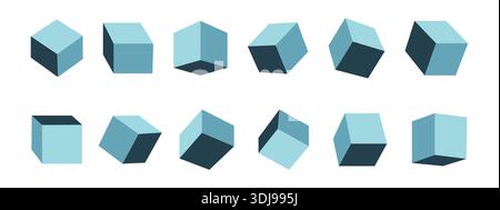 Sammlung isometrischer abstrakter 3D-Würfel auf verschiedenen Seiten. Minimale geometrische dreidimensionale Vektorformen isoliert auf weißem Hintergrund für Stock Vektor