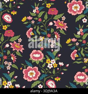 Nahtloses jakobinisches Muster mit handgezeichneten rosa und gelben Blumen und Blättern auf schwarzem Hintergrund Stock Vektor