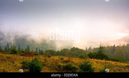 Berge im Freien mit bewölktem Morgen im Herbst. Nebeliger Natur Hintergrund im Hochland der ukraine. Dramatisches Wetter Stockfoto