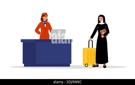 Nonne mit schwarzer Angewohnheit am Check-in-Schalter am Flughafen. Frau in Mönchskleidung mit gelbem Koffer. Reise- und Flugausflüge Stock Vektor