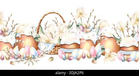 Zarter Osterkuchen nahtlose Frühlingsblumen, bunte Eier, Weidenzweige. Festliches Banner des hellen Feiertags mit Tulpe. Zartes Aquarell Stockfoto